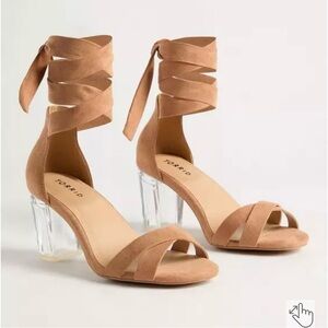 Torrid Camel Suede Ankle Strap Heels with Clear Block